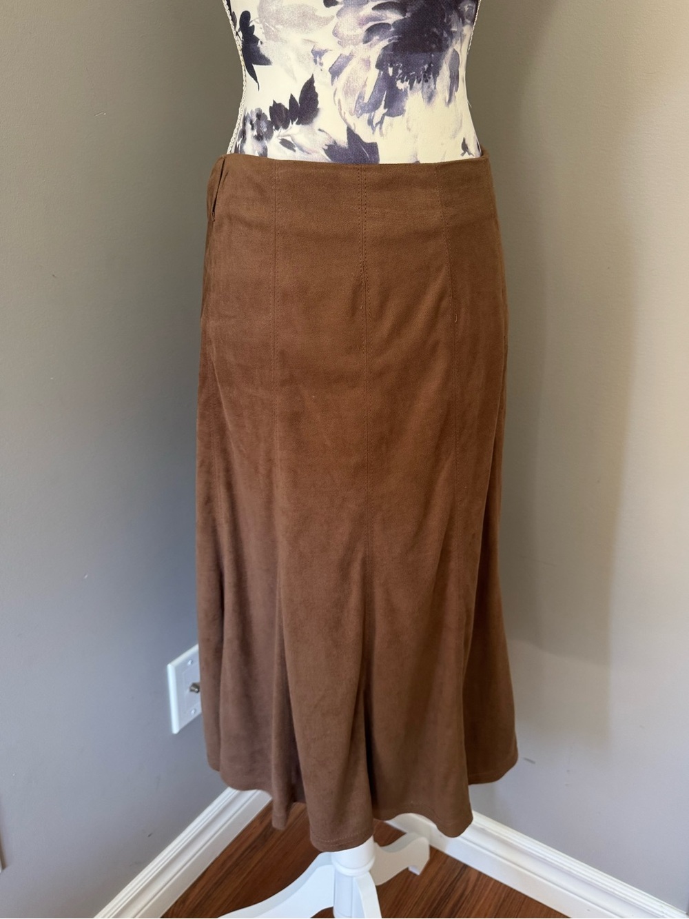 Vex Collection Brown Faux Suede Midi A Line Skirt With Leopard Print Lining